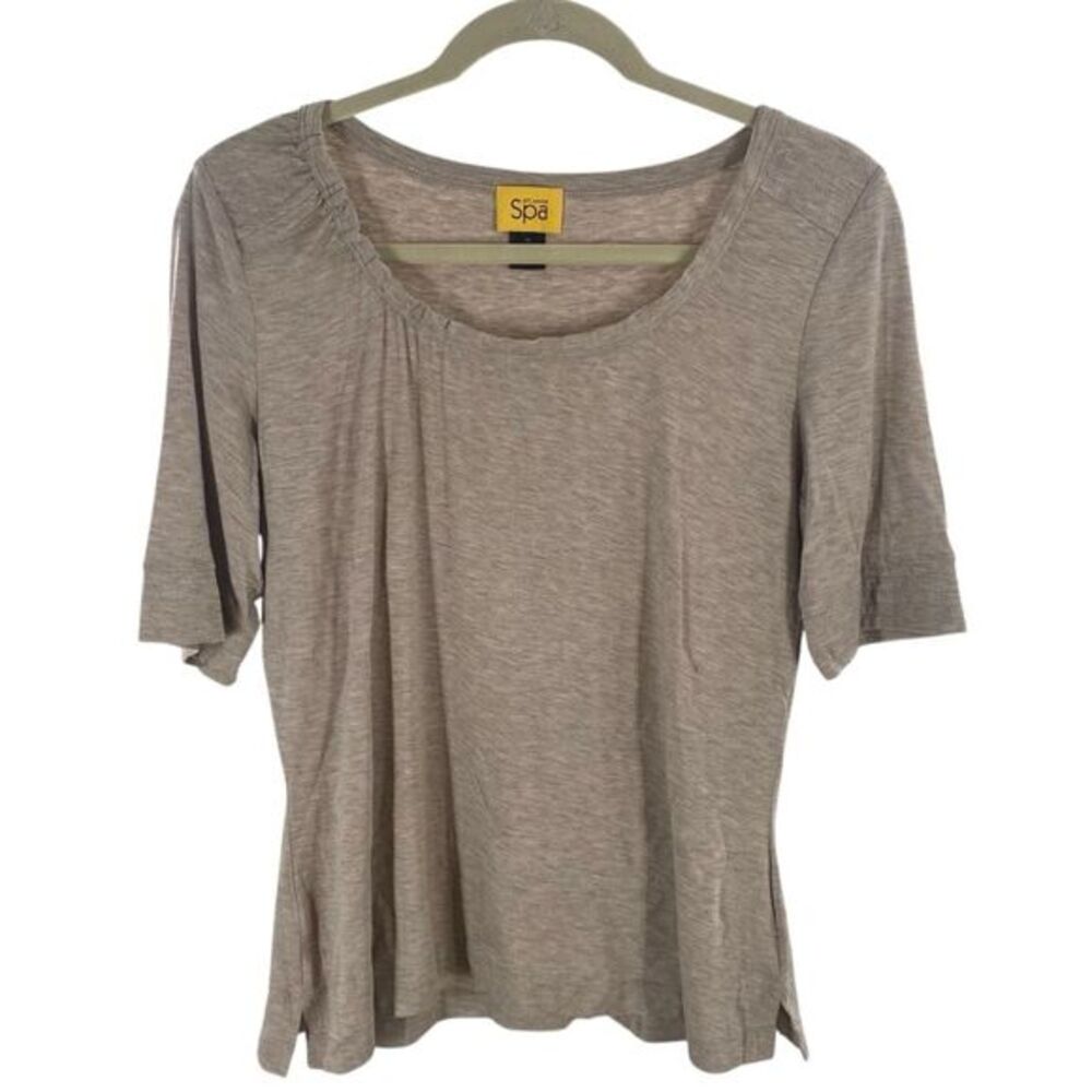 St. John Spa Women’s M Pleated Scoop Neck Top‎ Beige Gray Heather Neutral Soft